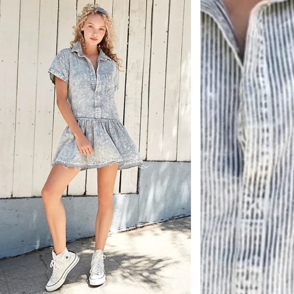 We The Free Dresses & Skirts - Free People Love Buzz Railroad Striped Denim Dress Ruffle Frayed Hem/Seams SZ S